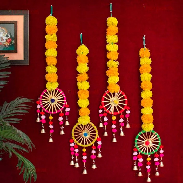 Set of 4 Artificial Marigold Flowers Wall Door Hanging Latkan Toran with Bells Rajasthani Style for Home Living Room Decoration (76.2 cm x 12.7 cm, Multi) - Image 2