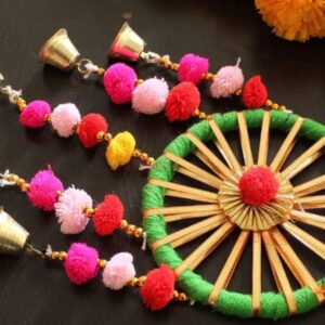 Set of 4 Artificial Marigold Flowers Wall Door Hanging Latkan Toran with Bells Rajasthani Style for Home Living Room Decoration (76.2 cm x 12.7 cm, Multi)