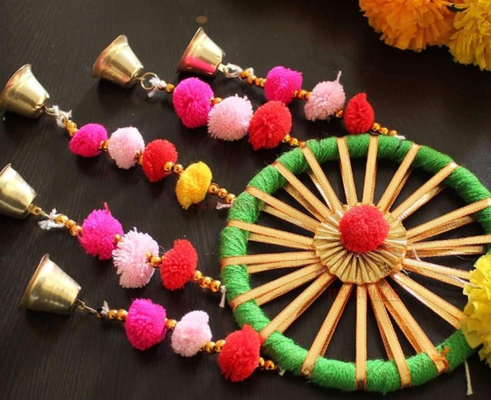 Set of 4 Artificial Marigold Flowers Wall Door Hanging Latkan Toran with Bells Rajasthani Style for Home Living Room Decoration (76.2 cm x 12.7 cm, Multi)