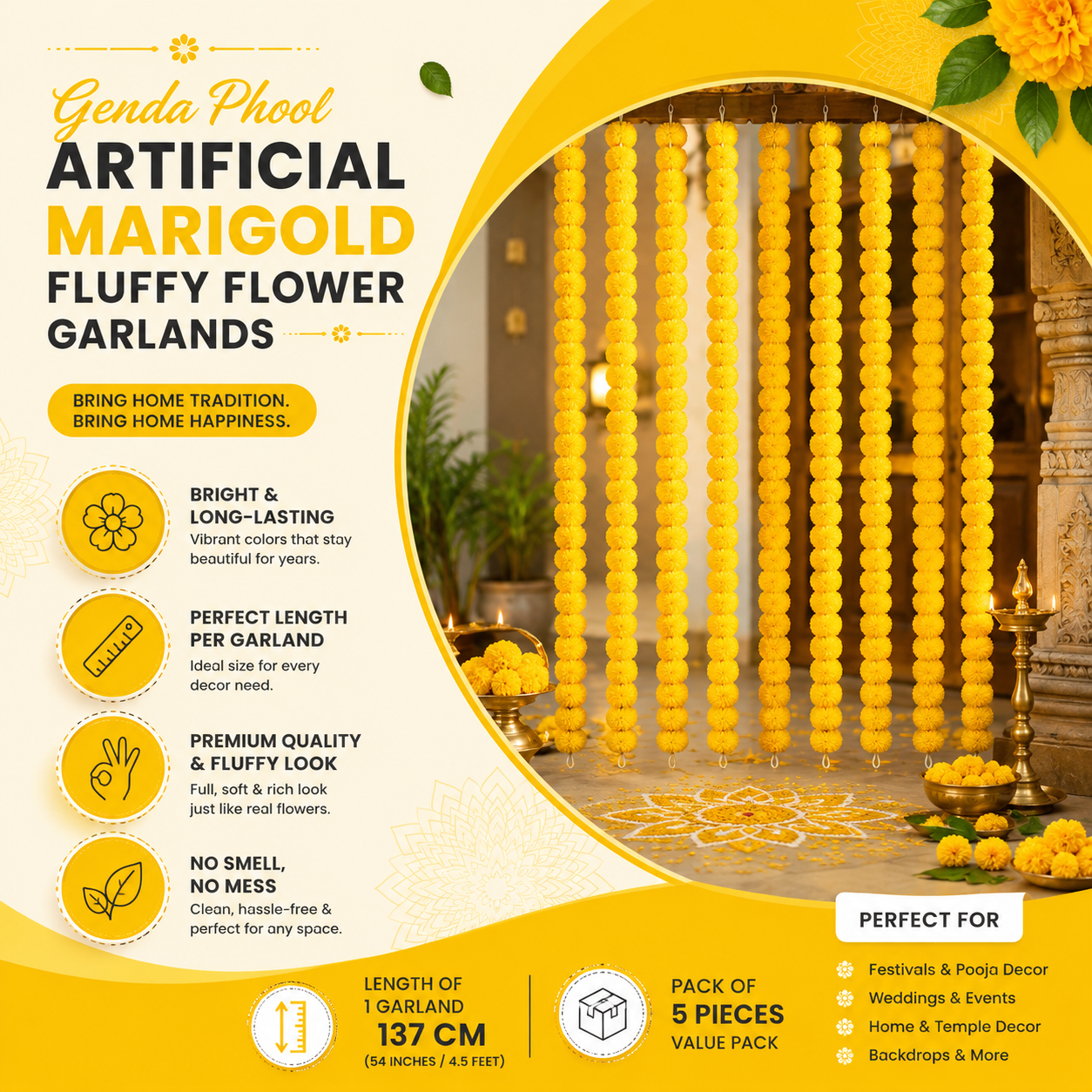 Bright Yellow Artificial Flower Genda Ladi - Image 4