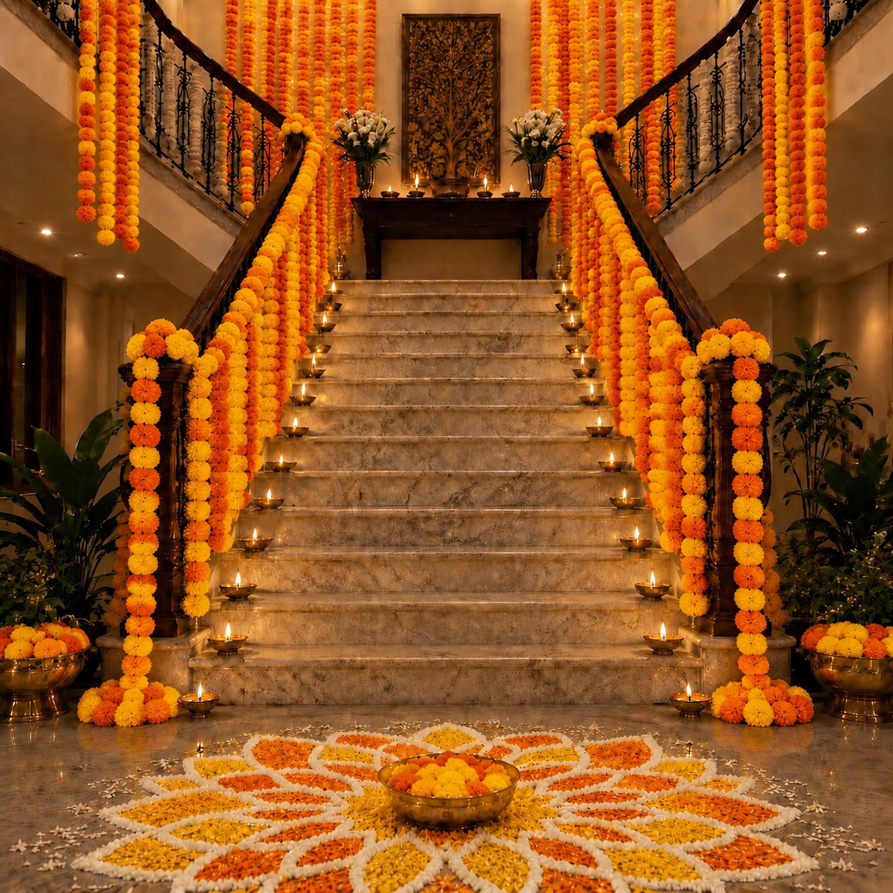 Orange & Yellow Mix Artificial Flower Genda Ladi - Image 2